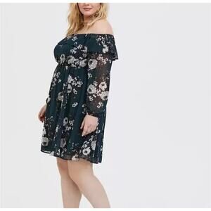 Torrid | Green Floral Mini Chiffon Off-Shoulder Skater Dress